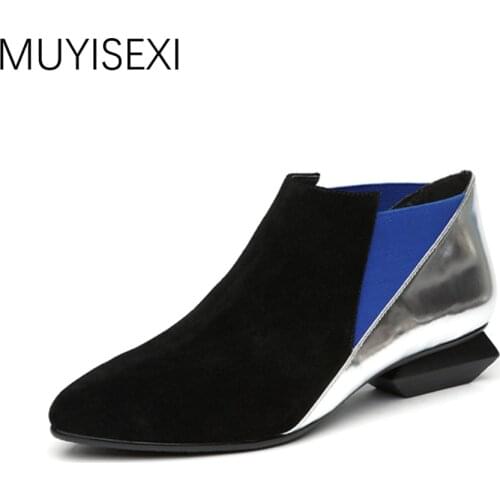 Chelsea Boots Ankle Boots Genuine Leather Sexy Pointed Toe 3cm Irregular Square Heels Slip-On Womens boots 34-41 HL03 MUYISEXI
