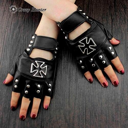 Cross Studded Punk Rock Biker Womens Fingerless Leather Gloves #3031
