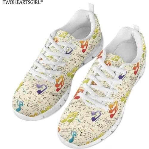 Twoheartsgirl Spring Women Casual Shoes Breathable Walking Shoes Music Note Mesh Sneakers Lace up flat Shoes sapato feminino