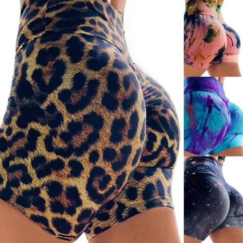Womens High Waist Workout Shorts Leopard Print Fitness Yoga Shorts Scrunch Butt Tights Running Shorts Sport Gym Short Leggings