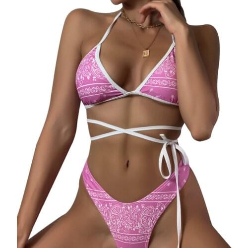 Two Piece Floral Print Halter Swimwear Women Halter Bikini Briefs Strap High Waist Design Swimming Clothing