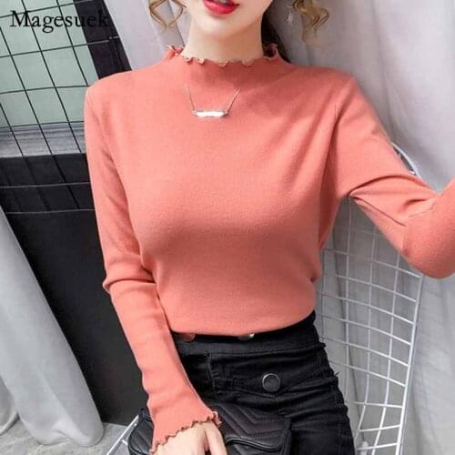 Wave Curl Half-high Neck Knitted Jumper Sweater Women Autumn Sweet Solid Long Sleeve Pullover Bottoming Sweater Pull Femme 11211