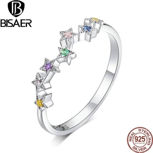 BISAER Rainbow Stars Rings 925 Sterling Silver Stackable Colorful Zirconia Finger Ring For Women Wedding Luxury Jewelry EFR133