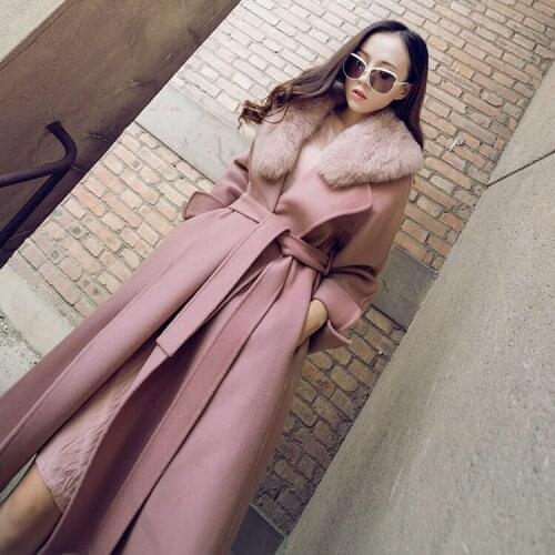 2020 Autumn Winter Wool Coat Women Long Slim Double Sided Trench Coats Female Real Fox Fur Collar Overcoat Abrigos Mujer LX2609