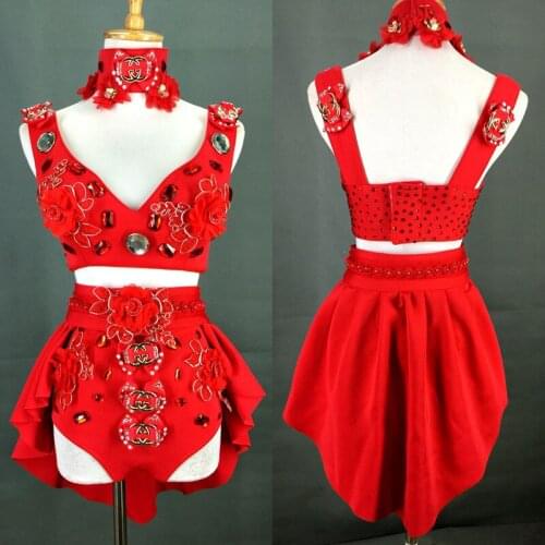 Sparkly Rhinestones Outfit Sexy 3D flower crystals 4 Pieces Set Dj DS GOGO Female Singer Nightclub Dance Skirt Costume