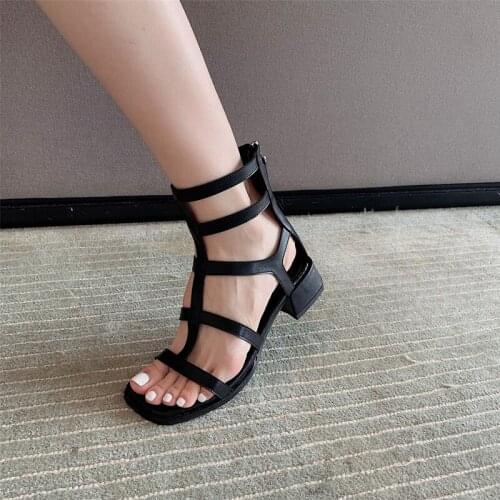 Women Black Sandals Summer Hollow Out Low Block Heels Back Zipper High Heels Women Sandals Fashion Sandales Femmes