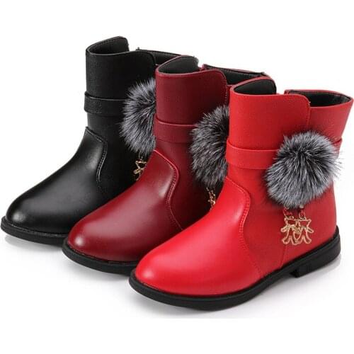 Girls Boots Autumn and Winter 2021 New Princess Short Boots with Cotton Warm Children Snow Boots Plush Ball Decoration Cute Hot
