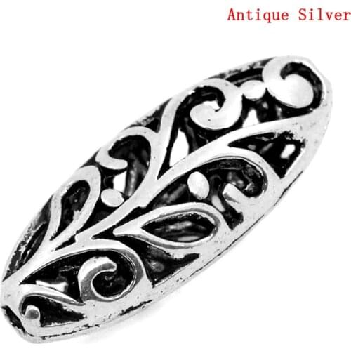 Doreen Box hot- Spacer Beads Oval Silver Color Hollow Flower Carved 23x10mm,Hole:Approx 1.5mm,20PCs (B23155)