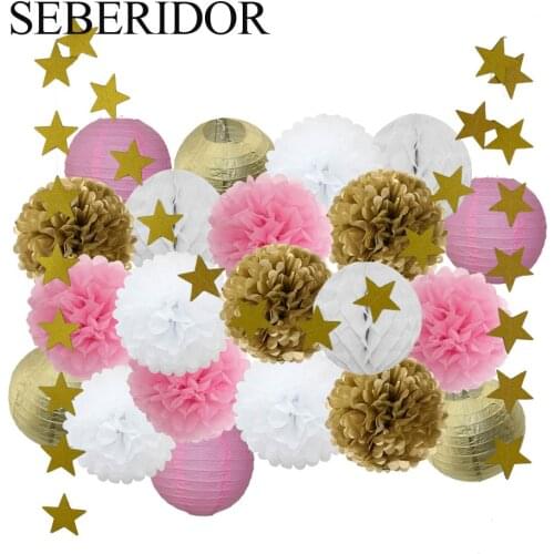 Kids Baptism Decoration Gold Pink White Set Mixed Size Hanging Paper Crafts Graduation Event Ceremony Party Favor Paper Lanterns