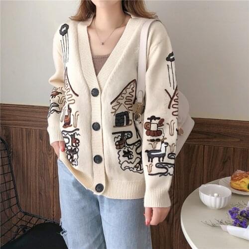 Autumn and winter ladies new fashion embroidery cartoon pattern V-neck long-sleeved cardigan sweater knitted top women