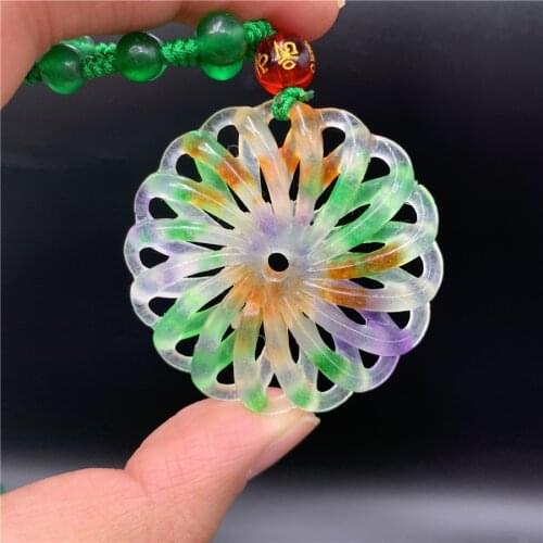 Chinese Green Jadeite Double Sided Carved Hollow windmill Pendant Necklace Charm Jewellery Fashion Amulet Gift Men Sweater Chain