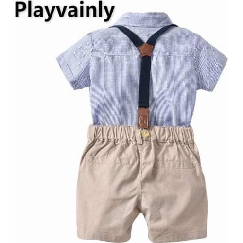 Wholesale 2021 Baby Boy Sets bow tie stripe Short Sleeve Romper+overalls 2 Piece cotton Suit Boy Clothes
