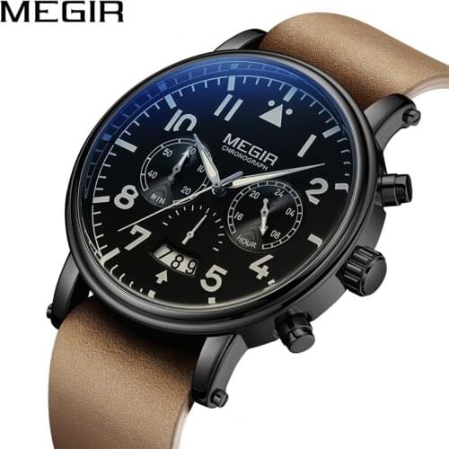 MEGIR Original Brown Black Waterproof Watches Mens 2020 Chronograph Mens Sports Watch Business Wristwatches Hour Reloj Hombre