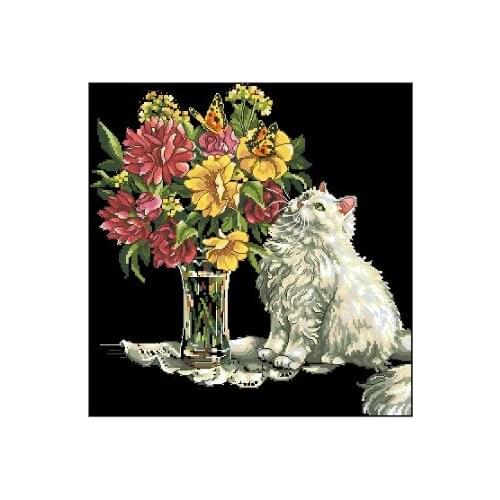 TOP Lovely Counted Cross Stitch Kit Cat and Flowers dim 35180 Kitten Kitty Flower Bouquet