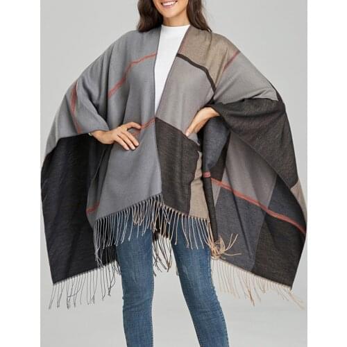 Autumn Winter Women Vintage Shawl Wraps Check Print Tassels Open Front Cardigan Sweater Warm Poncho Cape Fashion Elegant Poncho