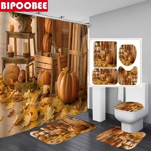 Autumn Fallen Leaves Shower Curtains Farmhouse Pumpkin Fabric Bathroom Curtain Set Festival Decor Toilet Lid Cover Bath Mats Rug