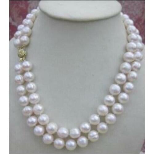 Double strands AAA 9-10mm natural white pearl necklace 17-18"