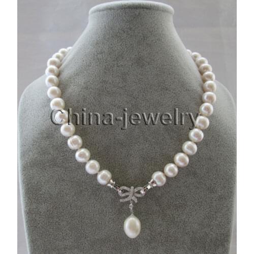 18" 9-10mm natural white round freshwater pearl necklace - 11-14mm drip pearl
