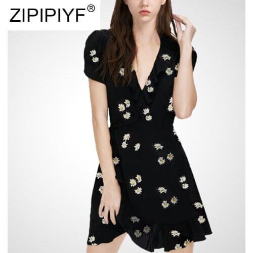 ZIPIPIYF Little Daisy V-neck Dress Female 2020 Summer New Puff Sleeve Slim Dress Fashion Women Casual Wear C254