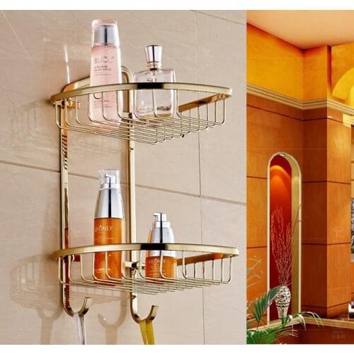 Polished Gold Color brass Wall Mounted Bathroom Dual Tier Corner Shower Shelf Storage Basket Bathroom Accessory mba098