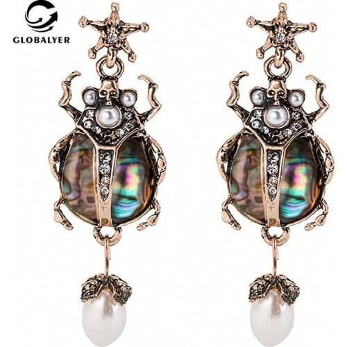 Exaggerated ladybug insect Natural shell Luxury crystal retro earrings Long bee pearl earrings Gifts for girls or women 359