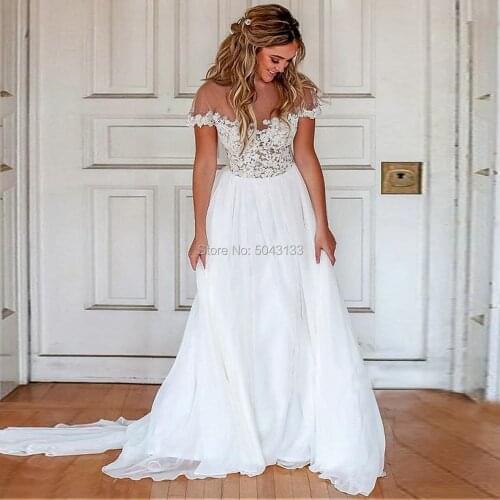 A Line Boho Chiffon Wedding Dresses with Applique Sexy Sheer O Neck Cap Sleeves V Back Bridal Gown 2020 Floor Length Bride Dress
