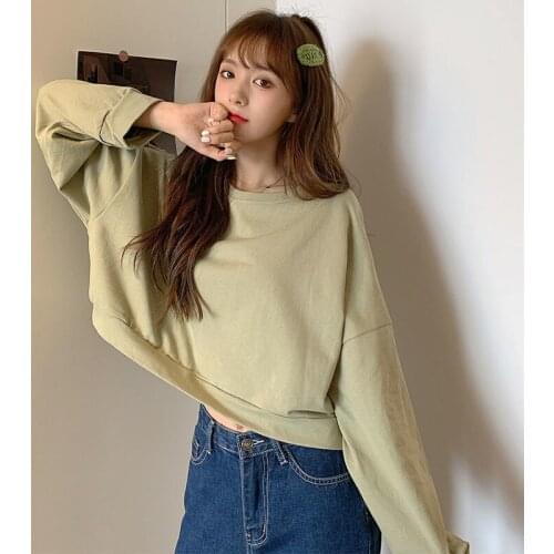 Solid color short long sleeve sweater autumn female Korean loose tide society thin round neck spring and autumn cotton