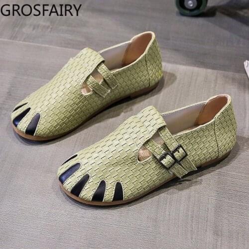 Large Size Shoes Women 2021 New Woven Breathable Soft Sole Single Shoes Shallow Mouth Flat Mary Jane Shoes Womens Sandals
