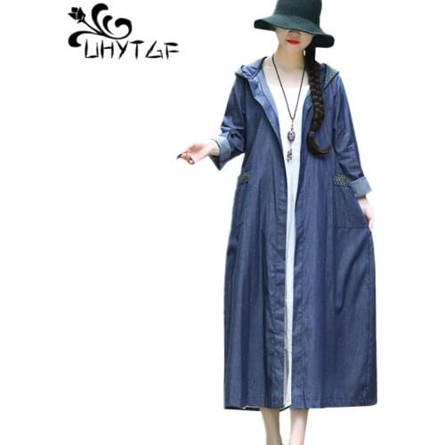 UHYTGF spring womens new style Literary vintage denim coats Long size Plus size womens clothing Loose hooded trench coats X95