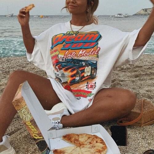 Vintage White Car Letter Print O Neck Graphic T Shirts Casual Elegant Plus Size Loose Short Sleeve Summer Tops for Women 2021