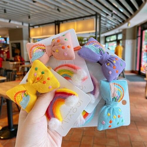 2 Pcs/set New Korea Childrens Headwear Simple Cute Colorful Plush Rainbow Duckbill Clip Fashion Girl Embroidery Bow Hairpins
