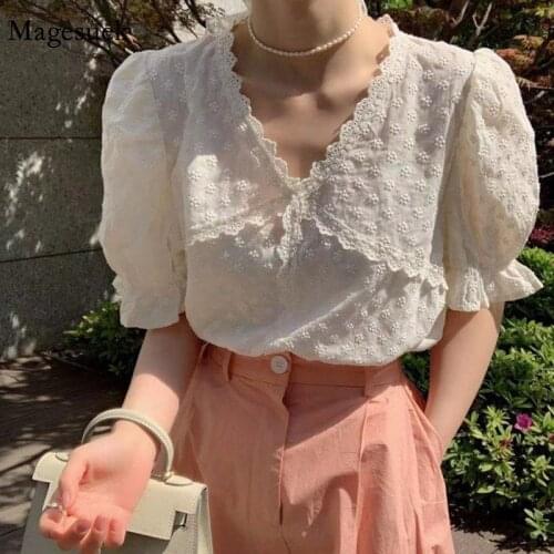 Embroidery Lace Blouse Women V Neck Korean Sweet Summer Womens Shirts 2021 Puff Short Sleeve Loose Tops Female Blouses 15421