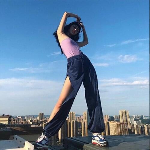 Women Snap Button Track Pants Mesh Transparent Joggers Side Open High Split Trousers Female Sweatpants Leisure Pantacourt Hippie