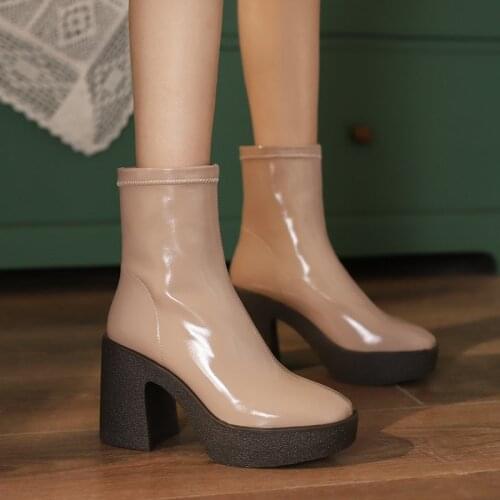 Women Chunky Heel Ankle Boots Spring Autumn Platform Women Gothic Boots Slip On Stretch Boots Shoes Black Green Apricot