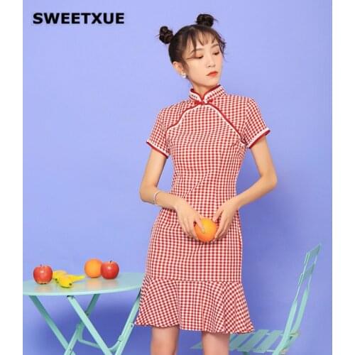 SWEETXUE Women Retro Chinese Style Modern Girl Plaid Cheongsam Fishtail Dress 2020 Fashion Elegant Short Sleeve Mini Party Dress