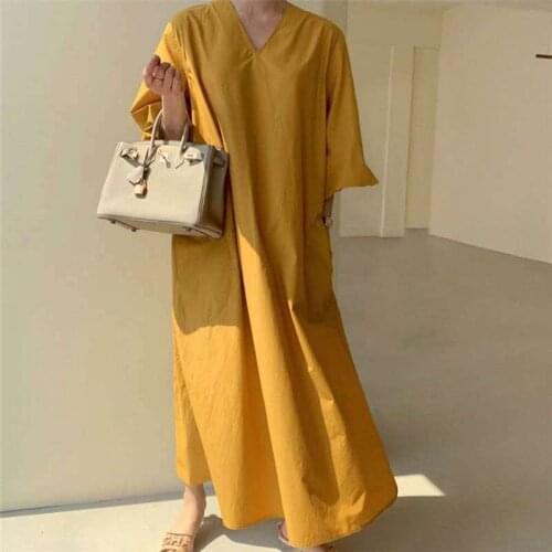 Johnature Korean Women Clothing New Dresses 2021 Autumn V-neck Lantern Sleeve Loose Solid Color Pockets Female Dress