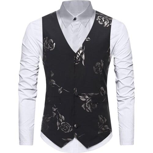 Men Rose Floral Print Bronzing Vest Single Breasted Wedding Suit Vests Waistcoat Men Gothic Aristocrat Steampunk Victorian Gilet