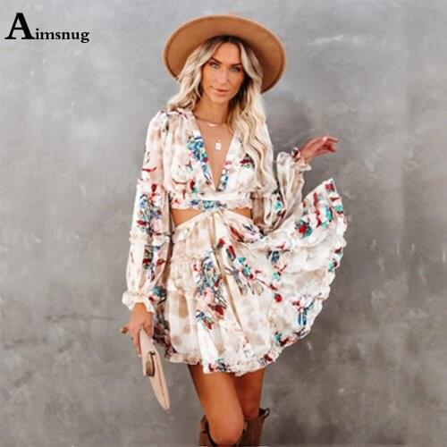 2021 Irregular Boho Flower Print Dresss Mini Vestidos Perspective Backless Lace-up Female The Dress Sexy V-neck Women Dresses