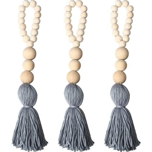 3Pcs Farmhouse Beads with Tassels, Wall Hanging Decor Wood Bead Garland Natural Prayer Beads Tassel Wooden Beads
