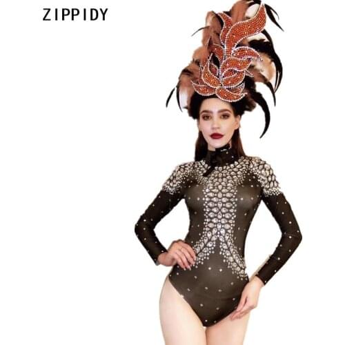 Long Sleeves Silver Rhinestones Bodysuit Stone Feather Headdress Bar Women Dance Singer Show Black Spandex Outfit