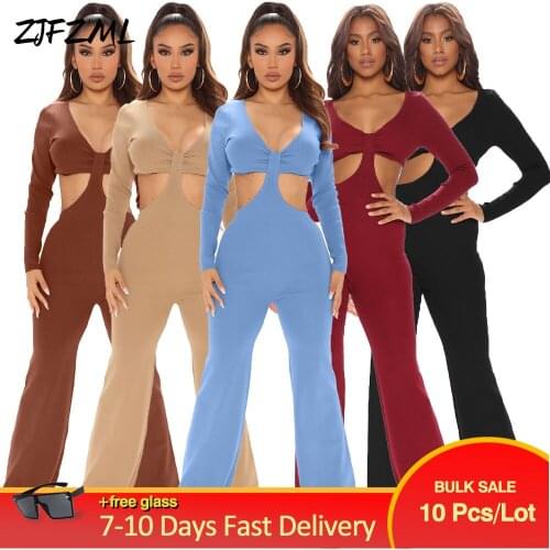 Bulk Items Wholesale Lots Womens Long Jumpsuit Elegant Fashion Long Sleeve Cut Out Backless Bell Bottom Overall Casual Outfit