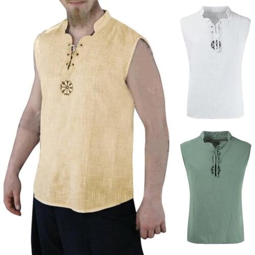 Summer 2020 New Style Men Stylish Summer Sleeveless Stand Collar Bandage Embroidery Loose Casual Shirt T-shirt Top