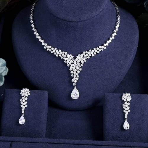 JaneKelly Luxury Sparking Brilliant Cubic Zircon Drop Earring Necklace Bride necklace Set Wedding Bridal jewelry sets