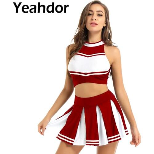 2Pcs Women Adults Cheerleader Cosplay Costume Outfit Sleeveless Crop Top + Mini Pleated Skirt Cheerlead Cheerleading Uniform