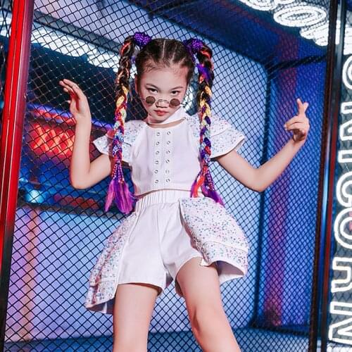 Girls Jazz Dance Costumes Shiny Sequin White Suit Kids Modern Street Dance Hip Hop Stage Clothing Festival Rave Outfits DQL5755