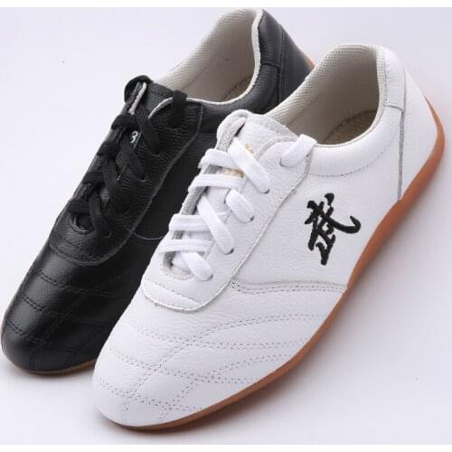 Child Adult Cowhide Tai Chi Sneakers Free Flexible Martial Arts Shoes Sports Training Footwear Black Blue And White Size 27-48