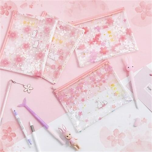 Kawaii Cherry Blossom Rabbit Sequined Mesh Bag Cute Pencil Eraser Note Storage Tool Student Storage Supplies Korea Stationery
