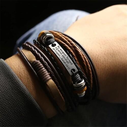 Multi-Layer 3 Pcs/Set Black Brown Leather Men Bracelets For Women Wood Beads TRUST IN GOD Cross Charm Bangle Homme Gift Jewelry