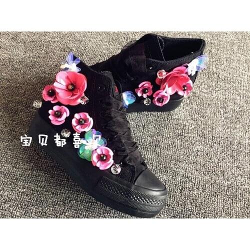 Trendy shoes sequined flowers black inner heightened high-top canvas shoes trifle casual shoes