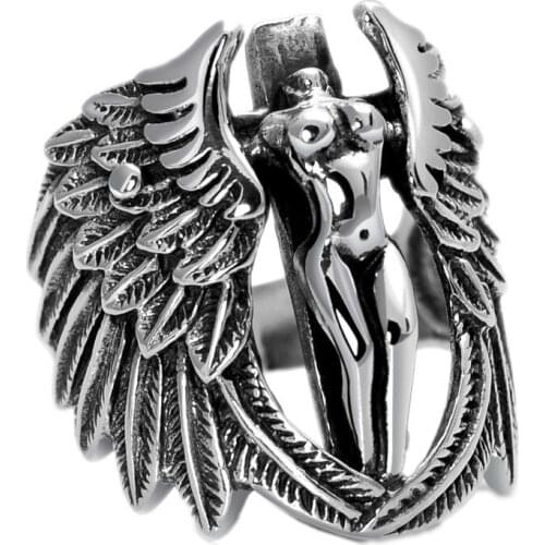 BOCAI New 100% s925 Silver 2021 Trend Personality Patron Saint Retro Punk Style Angel Wings Feather Mens Ring